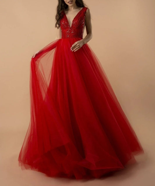Radiant Red Tulle Evening Gown with Beaded Bodice and V-Neckline Flowy Dresses