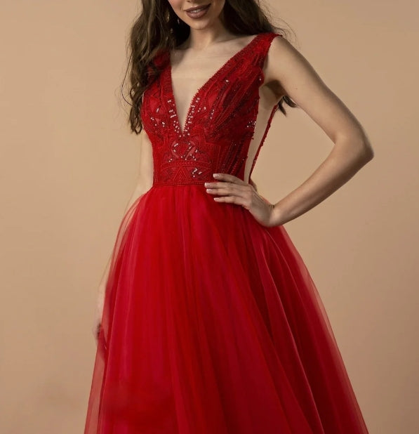 Radiant Red Tulle Evening Gown with Beaded Bodice and V-Neckline Flowy Dresses