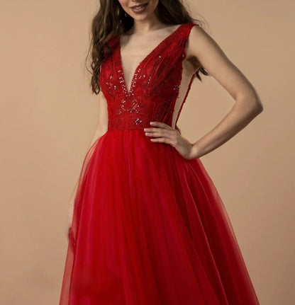 Radiant Red Tulle Evening Gown with Beaded Bodice and V-Neckline Flowy Dresses