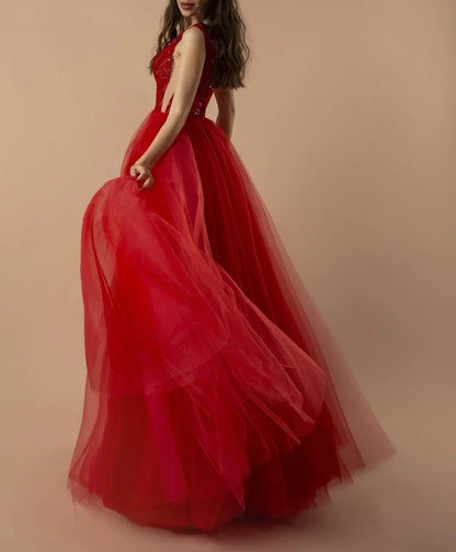 Radiant Red Tulle Evening Gown with Beaded Bodice and V-Neckline Flowy Dresses