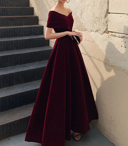 A-Line Burgundy off Shoulder Tea Length Prom Dress Burgundy Formal Evening Dress