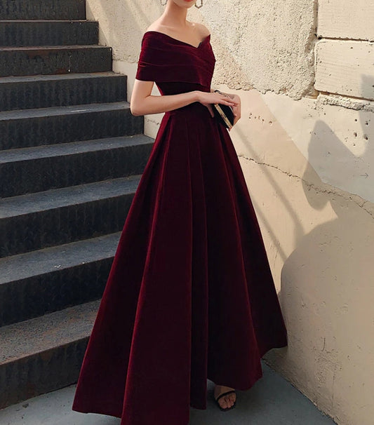 A-Line Burgundy off Shoulder Tea Length Prom Dress Burgundy Formal Evening Dress
