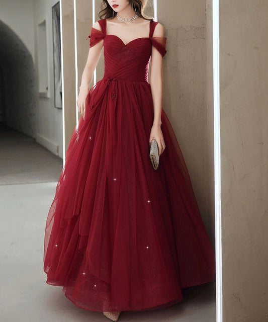 A-Line Sweetheart Neck Burgundy Long Prom Dress Burgundy Evening Dress