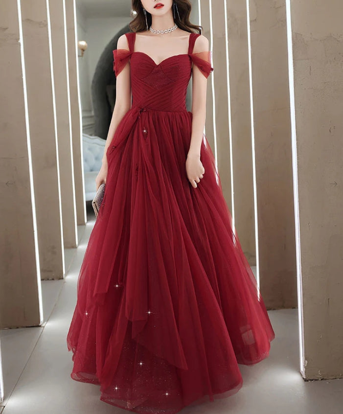 A-Line Sweetheart Neck Burgundy Long Prom Dress Burgundy Evening Dress