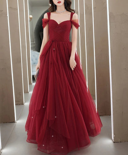 A-Line Sweetheart Neck Burgundy Long Prom Dress Burgundy Evening Dress