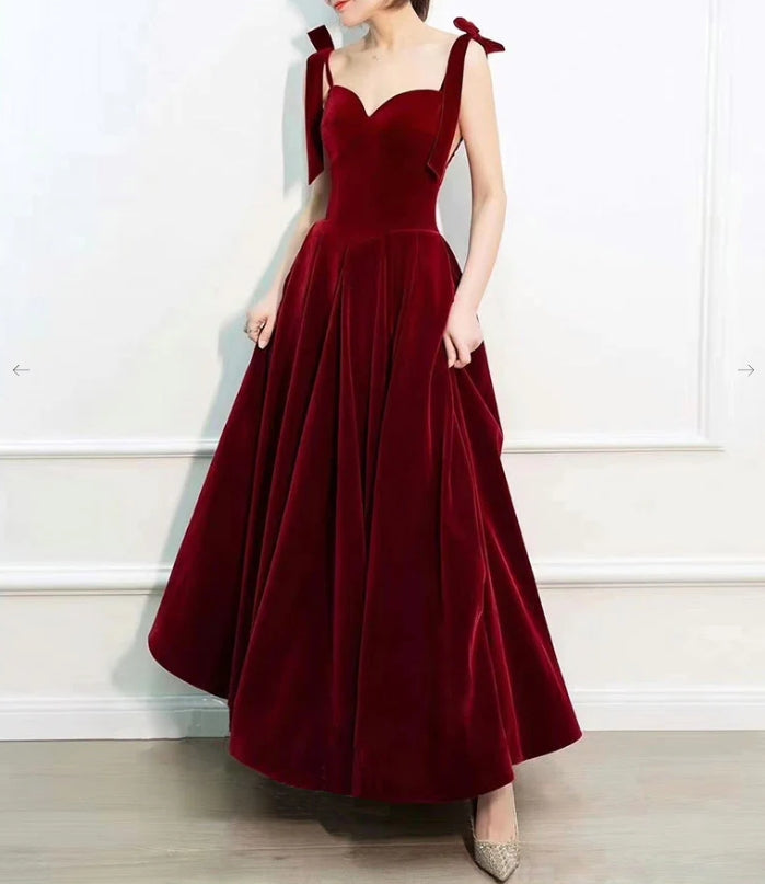 A-Line Sweetheart Neck Velvet Burgundy Long Prom Dress Burgundy Formal Evening Dress