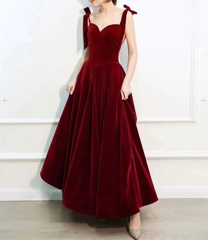 A-Line Sweetheart Neck Velvet Burgundy Long Prom Dress Burgundy Formal Evening Dress