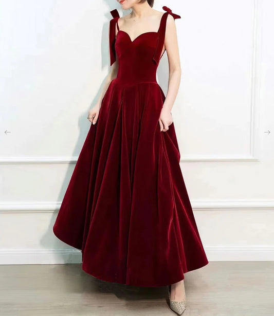 A-Line Sweetheart Neck Velvet Burgundy Long Prom Dress Burgundy Formal Evening Dress