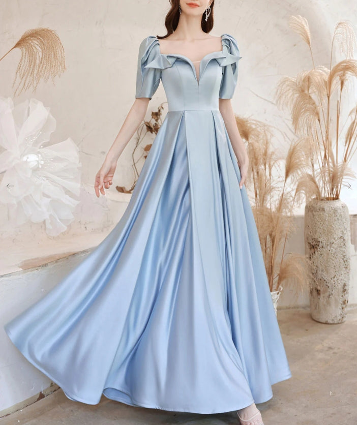 A-Line Square Neckline Satin Blue Long Prom Dress Blue Formal Evening Dress