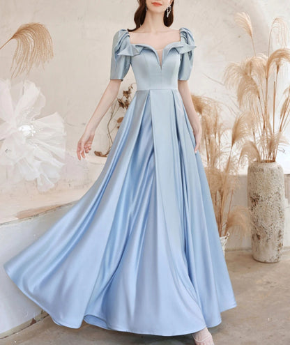 A-Line Square Neckline Satin Blue Long Prom Dress Blue Formal Evening Dress