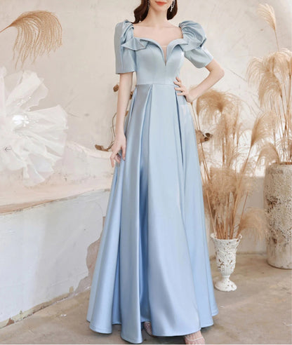 A-Line Square Neckline Satin Blue Long Prom Dress Blue Formal Evening Dress