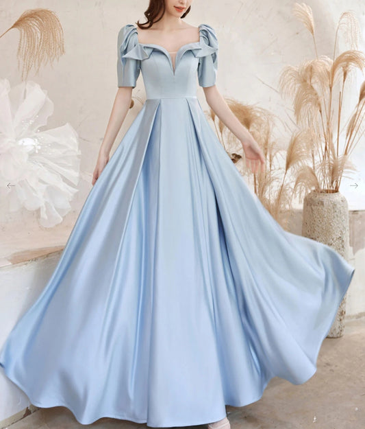 A-Line Square Neckline Satin Blue Long Prom Dress Blue Formal Evening Dress