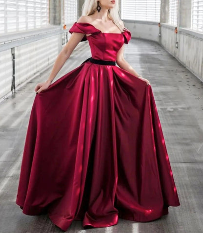 A-Line Off Shoulder Satin Burgundy Long Prom Dress Burgundy Formal Evening Dress