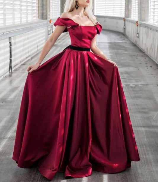 A-Line Off Shoulder Satin Burgundy Long Prom Dress Burgundy Formal Evening Dress