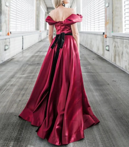 A-Line Off Shoulder Satin Burgundy Long Prom Dress Burgundy Formal Evening Dress