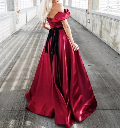 A-Line Off Shoulder Satin Burgundy Long Prom Dress Burgundy Formal Evening Dress