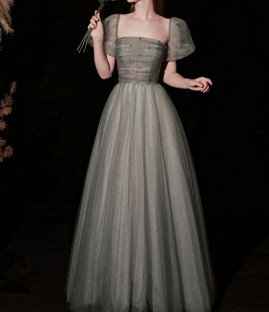 A Line Gray Long Prom Dress Gray Tulle Sequin Evening Dresses