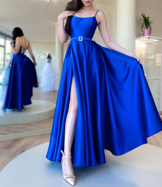 Simple Blue Satin Long Prom Dresses Blue Formal Evening Dress