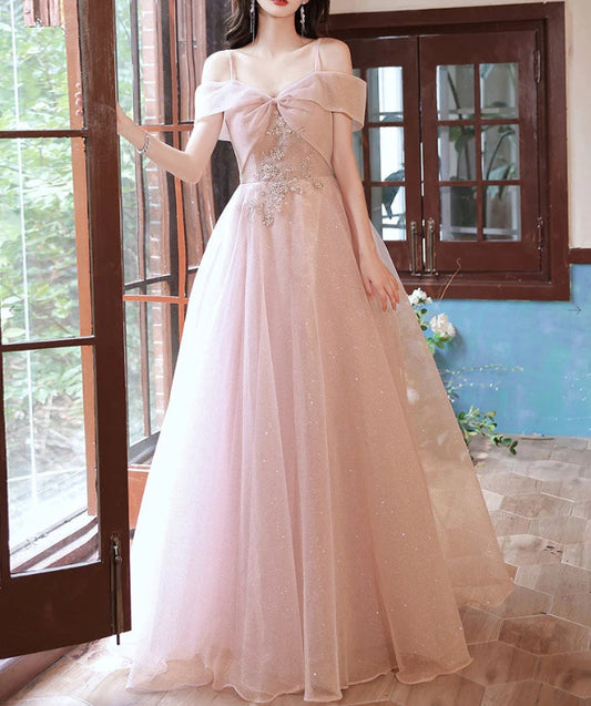 A Line Pink Long Prom Dresses Off Shoulder Pink Formal Evening Dresses