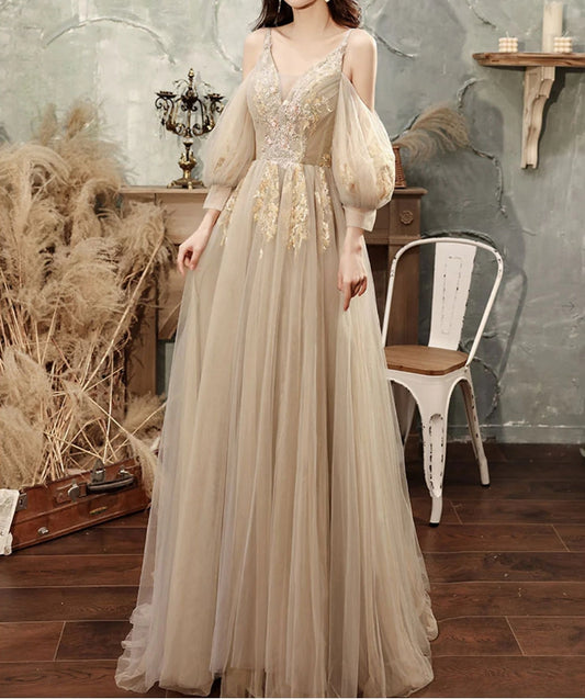 Champagne A line Tulle Lace Long Prom Dress Lace Formal Evening Dress
