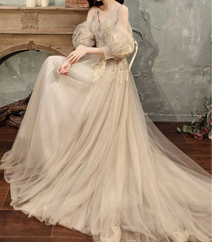 Champagne A line Tulle Lace Long Prom Dress Lace Formal Evening Dress