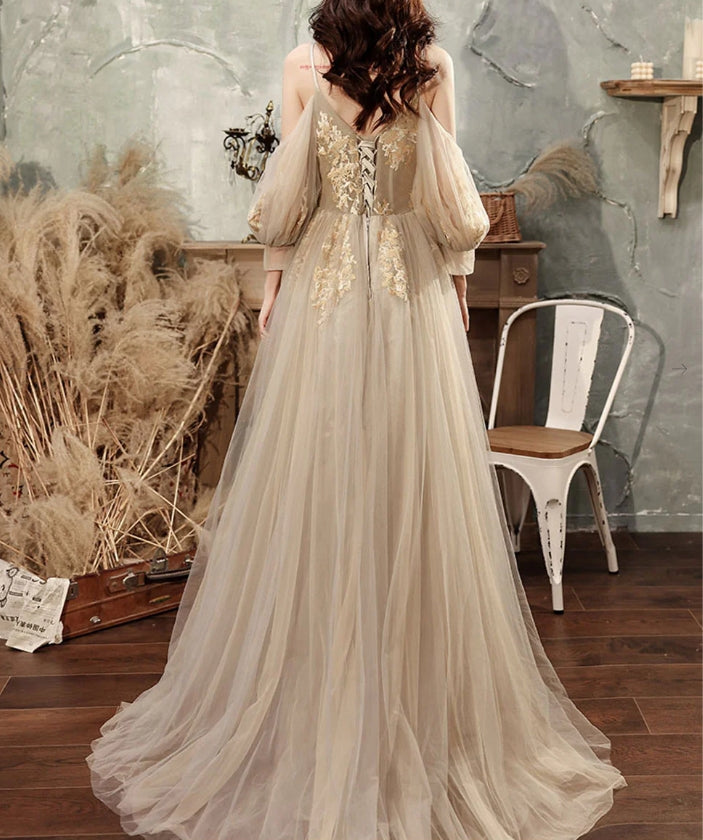 Champagne A line Tulle Lace Long Prom Dress Lace Formal Evening Dress