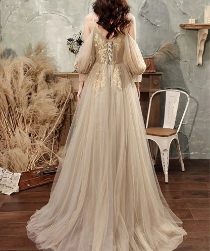 Champagne A line Tulle Lace Long Prom Dress Lace Formal Evening Dress