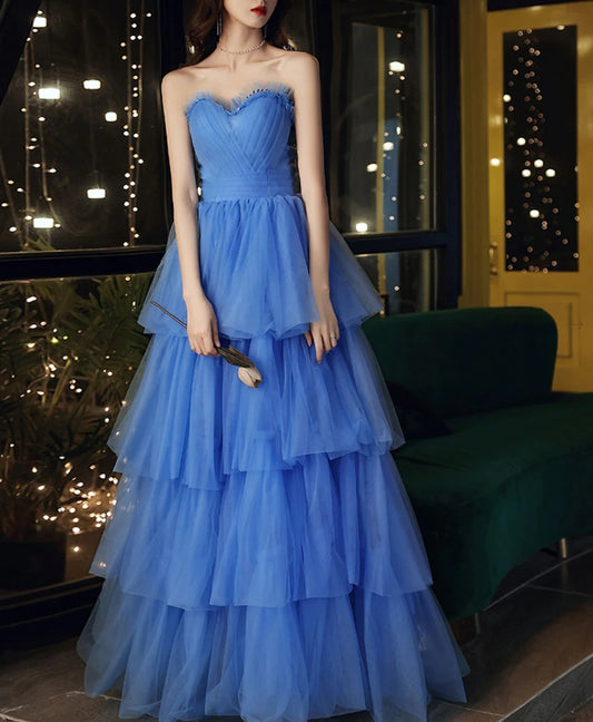 Blue Sweetheart Neck Long Prom Dress Formal Blue Evening Dress
