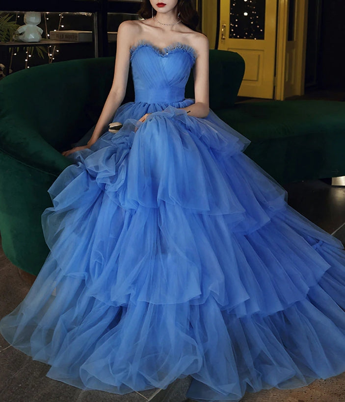 Blue Sweetheart Neck Long Prom Dress Formal Blue Evening Dress