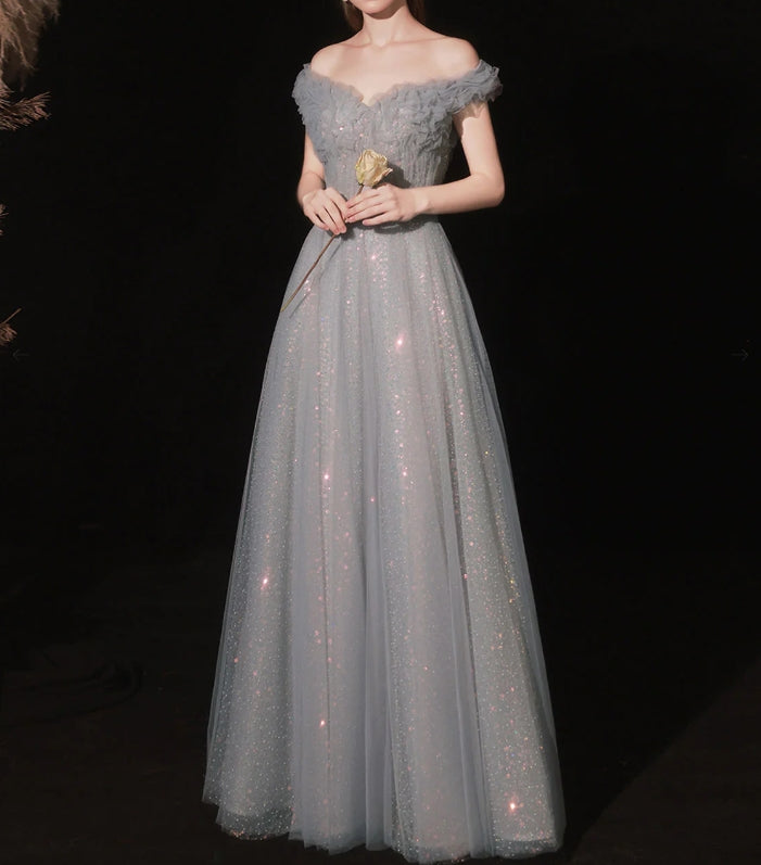 Gray Aline Tulle Long Prom Dress Gray Tulle Formal Evening Dress