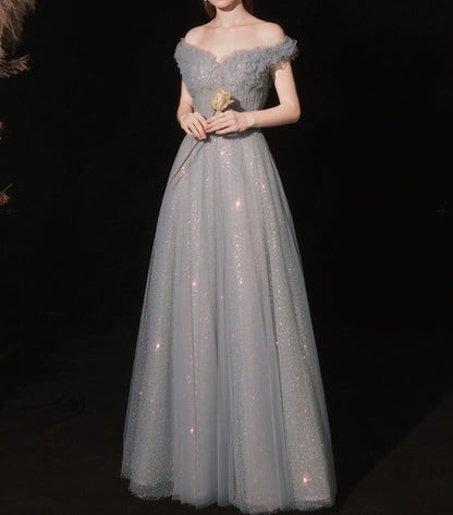 Gray Aline Tulle Long Prom Dress Gray Tulle Formal Evening Dress