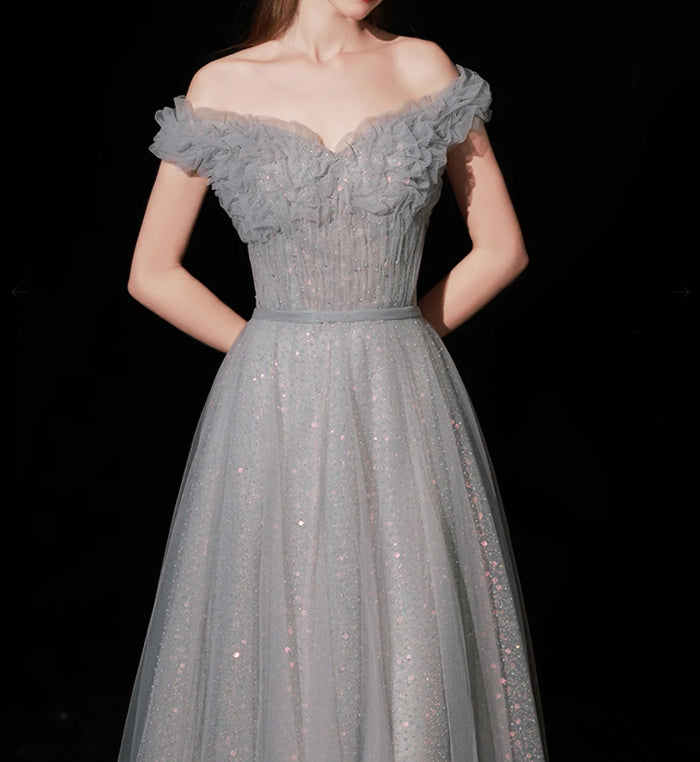 Gray Aline Tulle Long Prom Dress Gray Tulle Formal Evening Dress