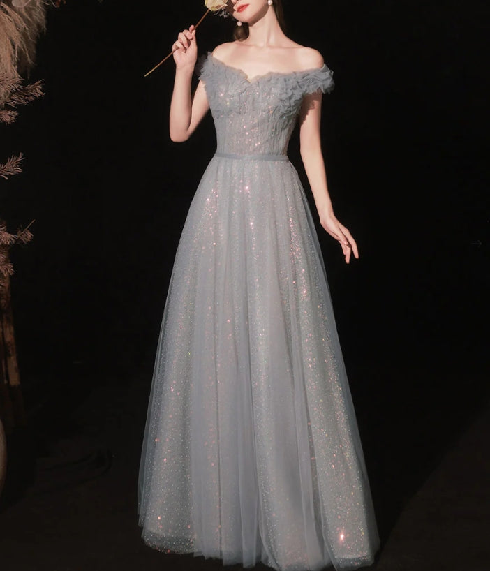 Gray Aline Tulle Long Prom Dress Gray Tulle Formal Evening Dress
