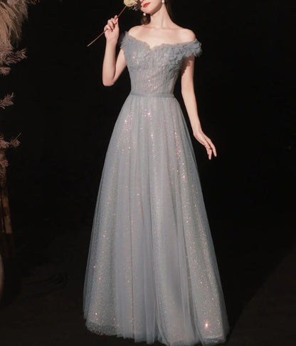 Gray Aline Tulle Long Prom Dress Gray Tulle Formal Evening Dress