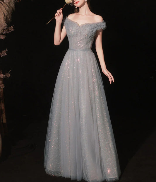 Gray Aline Tulle Long Prom Dress Gray Tulle Formal Evening Dress