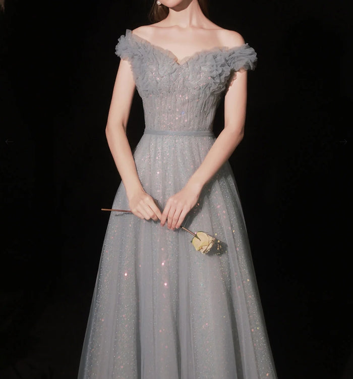 Gray Aline Tulle Long Prom Dress Gray Tulle Formal Evening Dress
