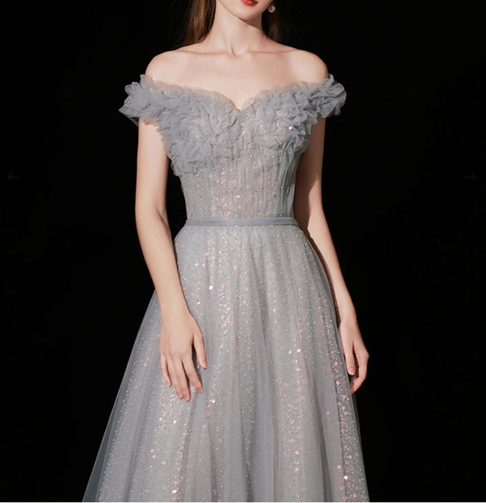 Gray Aline Tulle Long Prom Dress Gray Tulle Formal Evening Dress