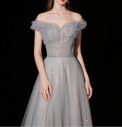 Gray Aline Tulle Long Prom Dress Gray Tulle Formal Evening Dress