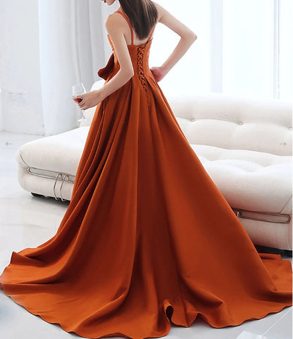 Simple Orange Satin Long Prom Dress A Line Orange Evening Dress