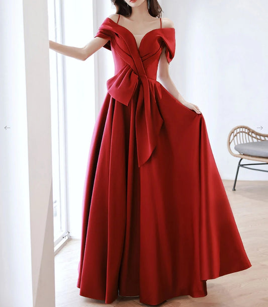 Burgundy Off Shoulder Satin Long Prom Dress Burgundy Evening Dress