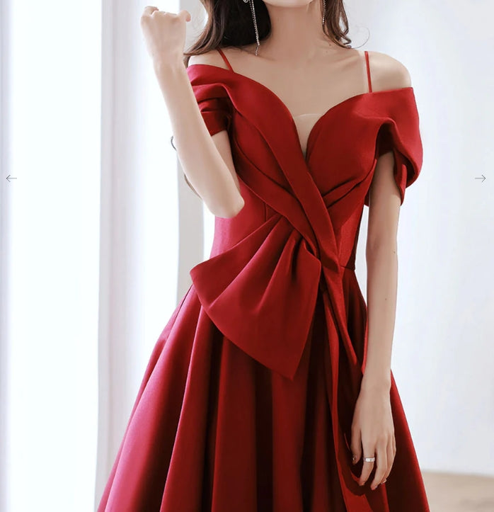Burgundy Off Shoulder Satin Long Prom Dress Burgundy Evening Dress