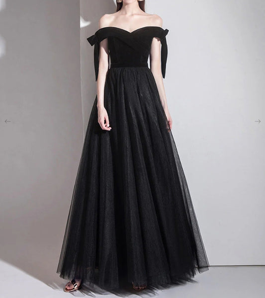 Simple Black Off Shoulder Tulle Long Prom Dress Black Evening Dress