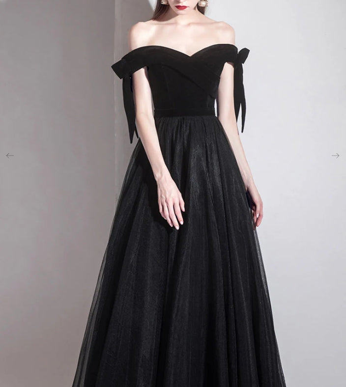 Simple Black Off Shoulder Tulle Long Prom Dress Black Evening Dress