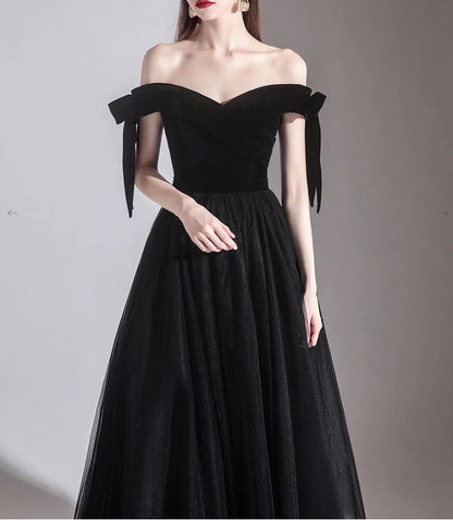 Simple Black Off Shoulder Tulle Long Prom Dress Black Evening Dress