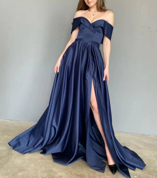Simple Blue Off Shoulder Satin Long Prom Dress Blue Evening Dress