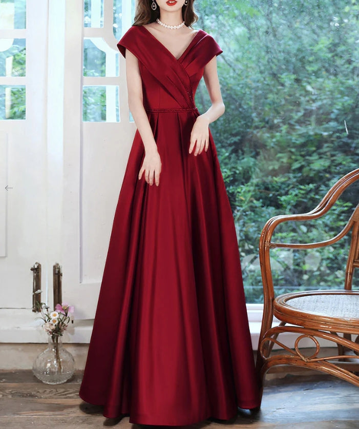 Burgundy V Neck Satin Long Prom Dress Burgundy Evening Dress