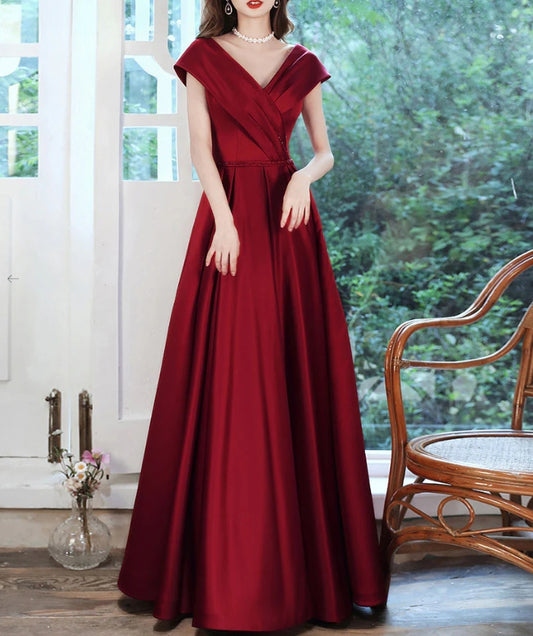 Burgundy V Neck Satin Long Prom Dress Burgundy Evening Dress