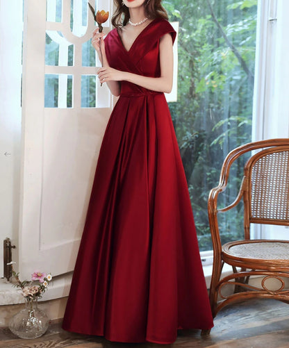 Burgundy V Neck Satin Long Prom Dress Burgundy Evening Dress