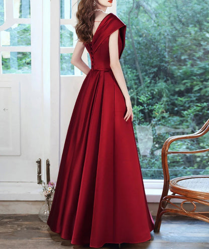 Burgundy V Neck Satin Long Prom Dress Burgundy Evening Dress