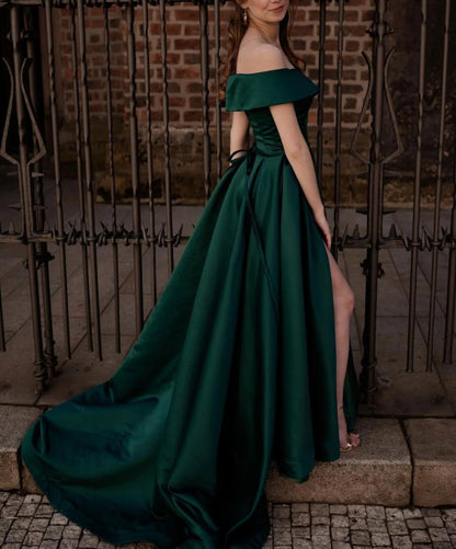 Simple Off Shoulder Satin Green Long Prom Dress Green Evening Dress